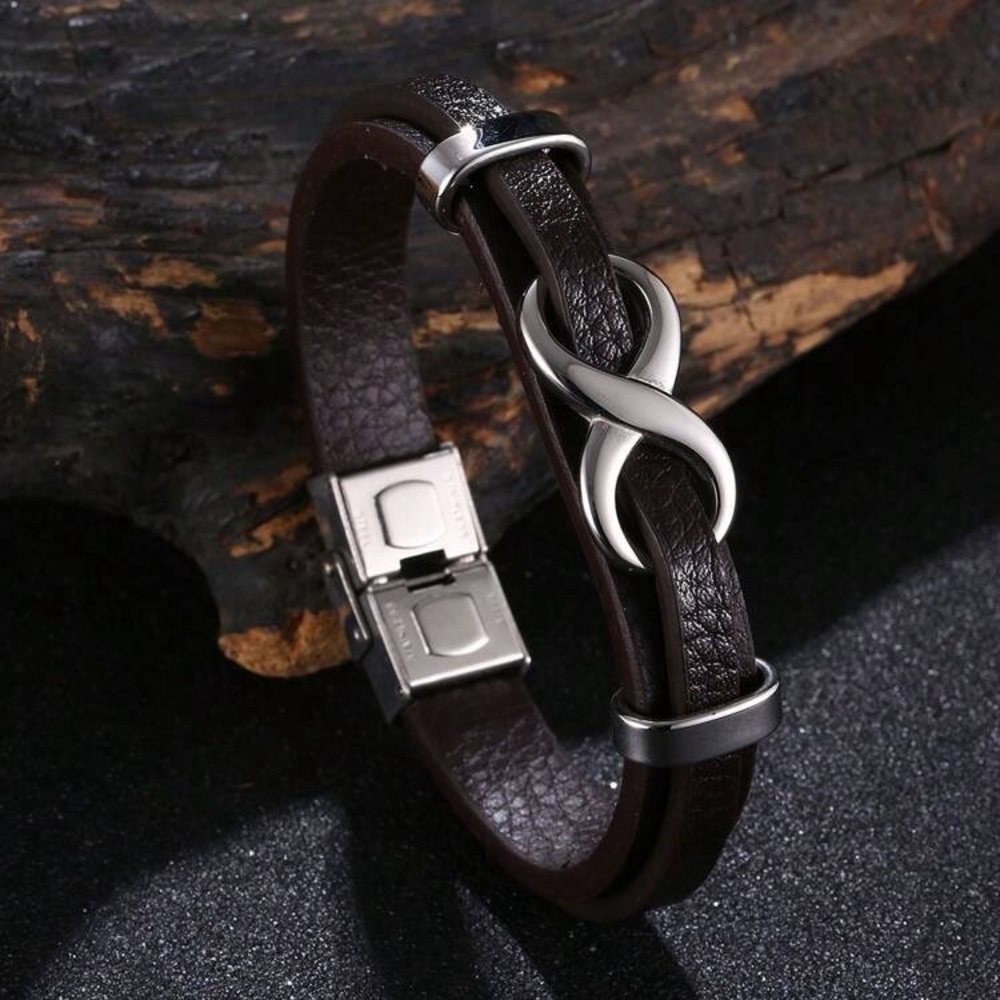 Men's Brown Leather Bracelet with Silver Accents